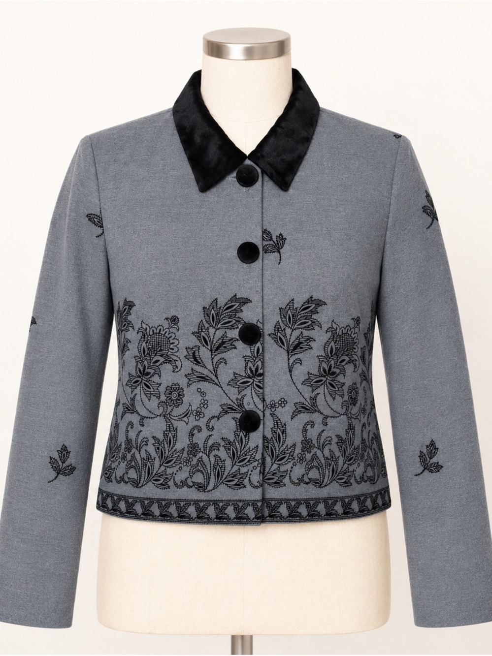Vintage Bedford Fair Gray Black Floral Velvet Jacket Size 14